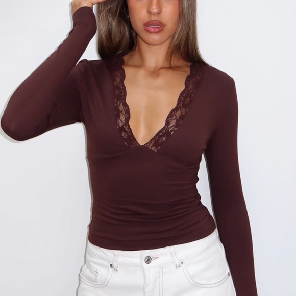 White Fox Boutique Tops - White Fox Boutique Deep V Lace-Trim Long Sleeve Top - Brown